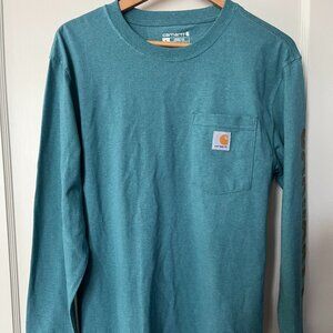 Carhartt loose fit green long sleeve t-shirt arm logo spell out size Small